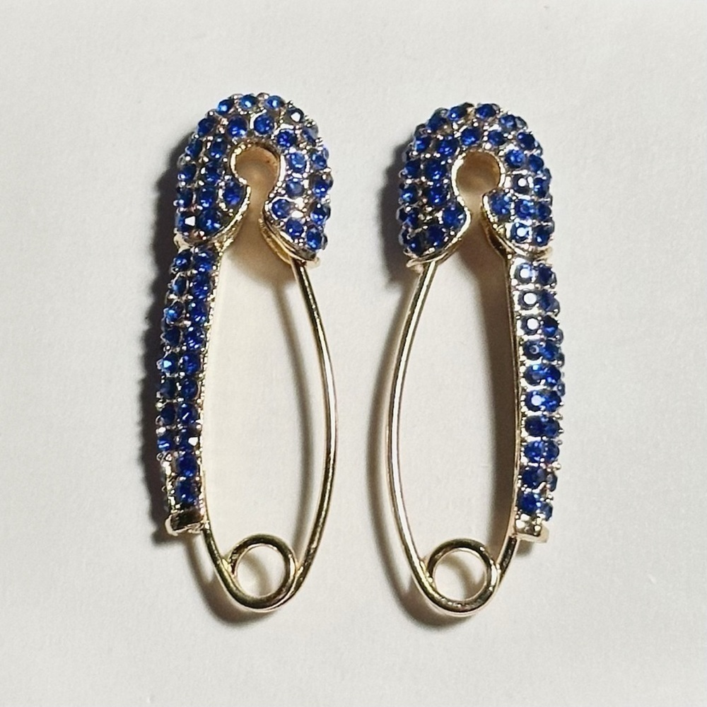 NEW Goldtone Royal Blue CZ Stone Embellished Designer Celeb Paperclip Earrings